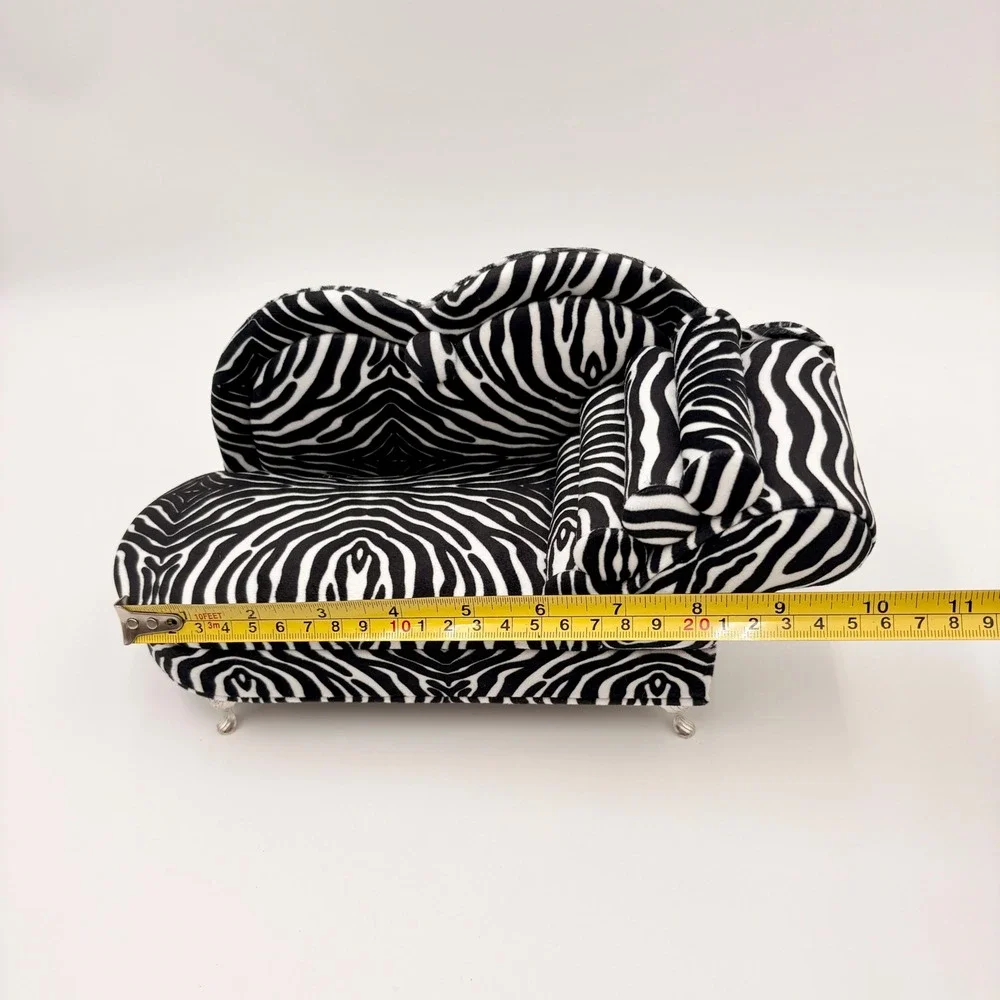 Zebra Print Miniature Chaise Lounge Jewelry Box with Mirror and Ring Slots